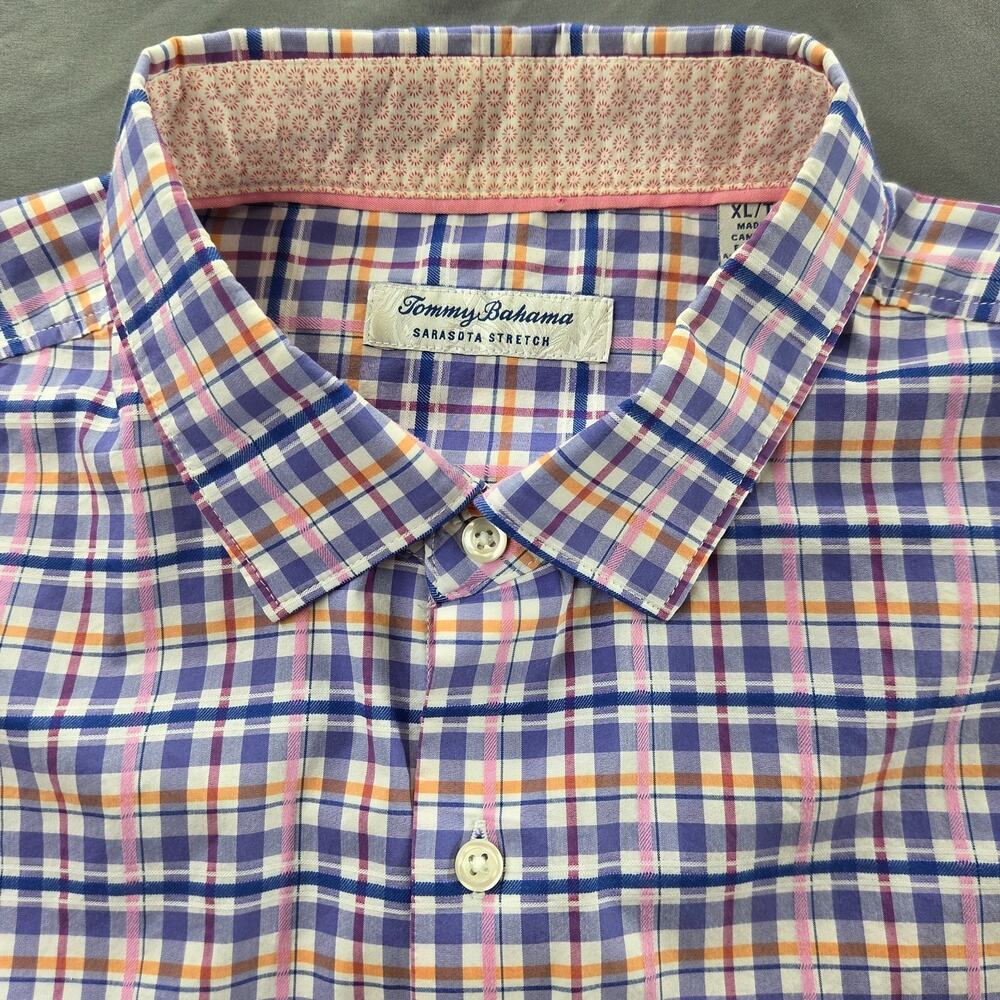Tommy Bahama Shirt Mens 2XL Purple Blue Pink Plaid Sarasota Stretch Long Sleeve